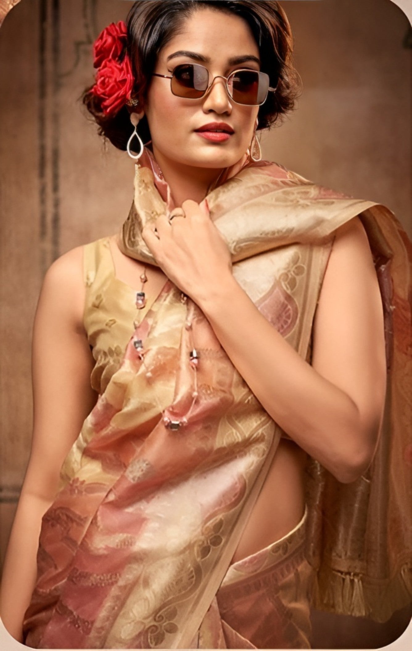 EKKTARA Saree For Women Golden Colour Organza Silk With Zari Weaving Saree And Unstitched Blouse