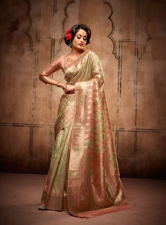 EKKTARA Saree For Women Light Green Colour Organza Silk With Zari Weaving Saree And Unstitched Blouse