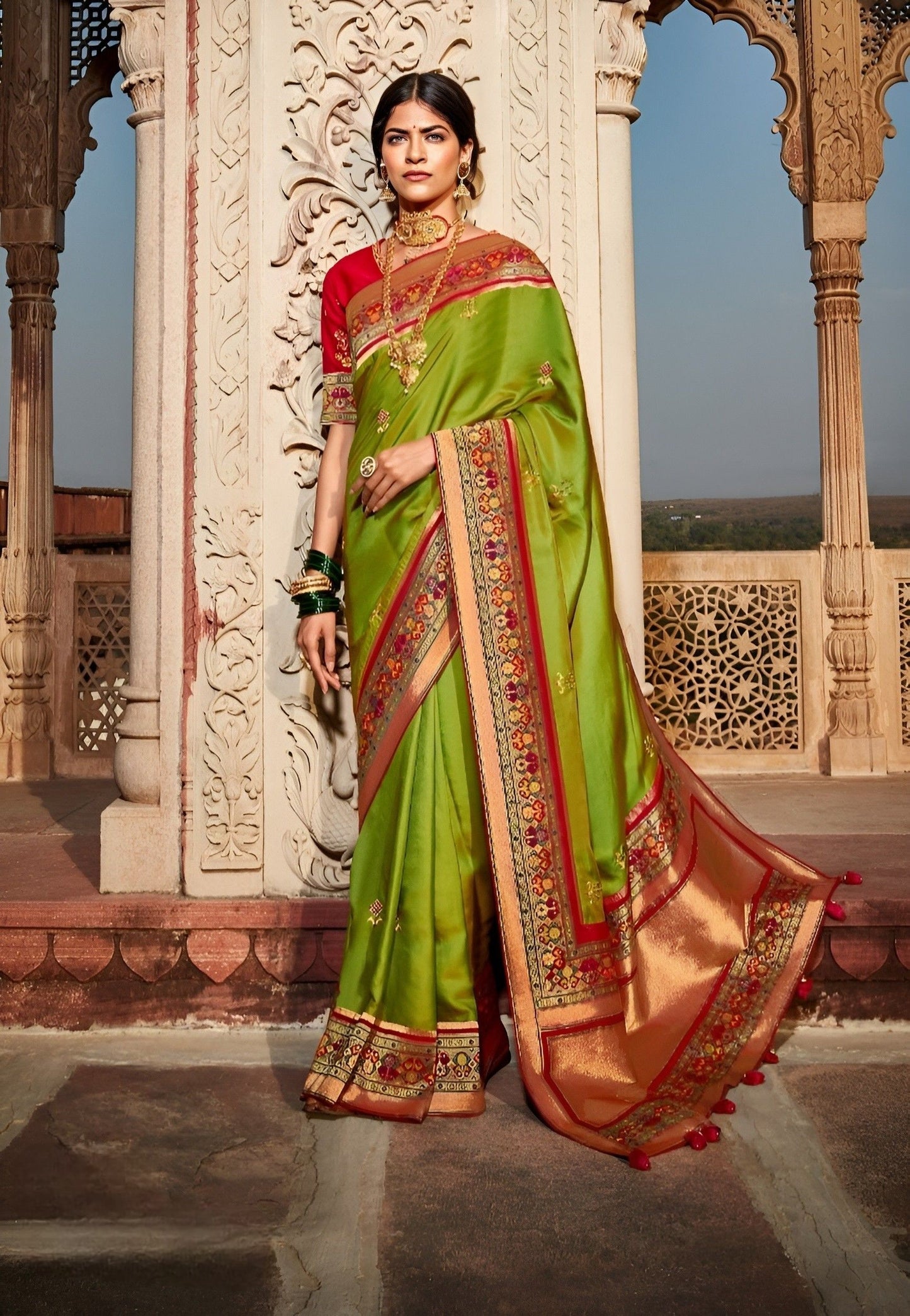 EKKTARA Saree For Women Pear Colour Designer Paithani Saree With Unstitched Designer Blouse