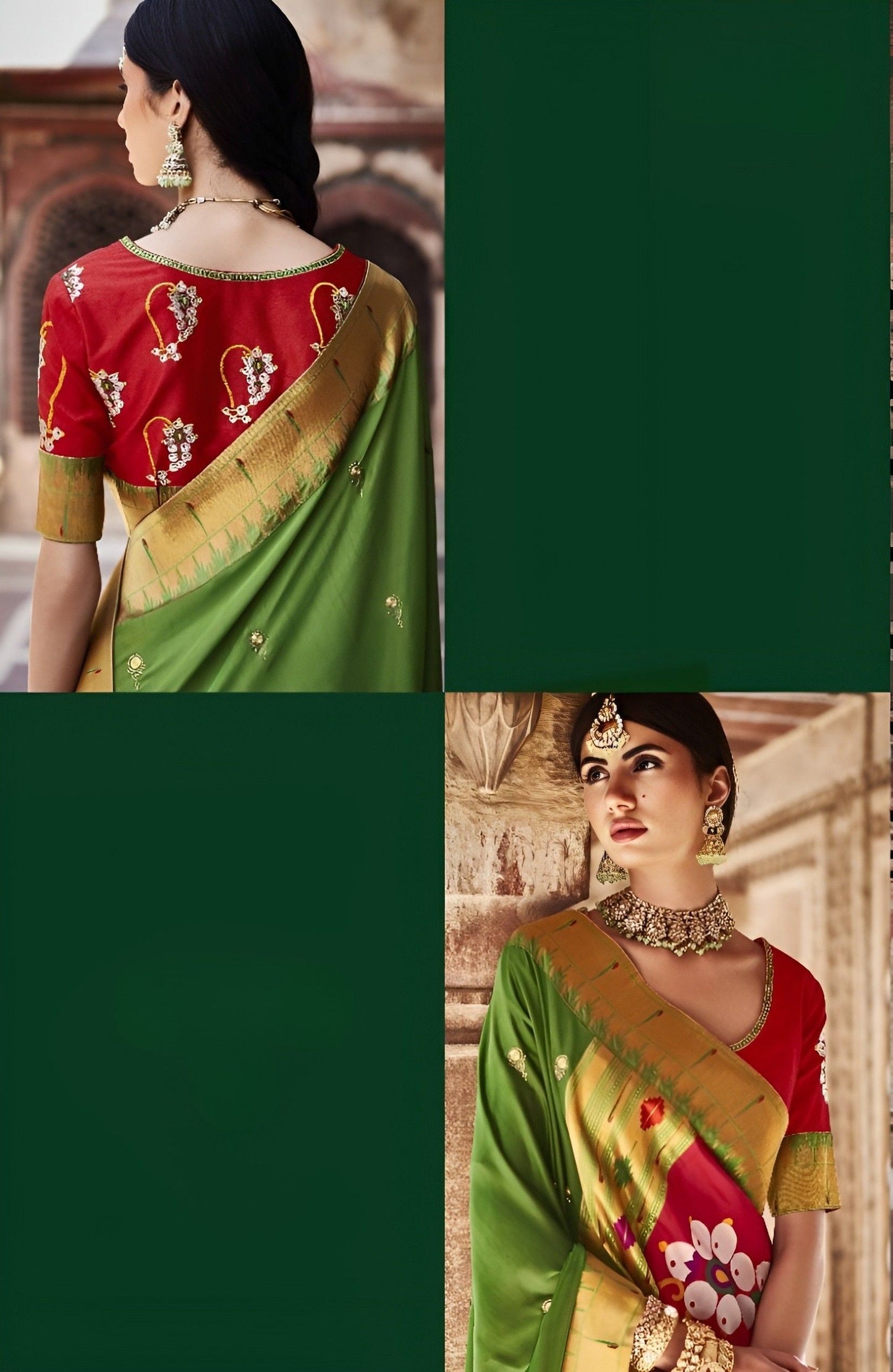EKKTARA Saree For Women Green Colour Designer Paithani Saree With Unstitched Designer Blouse
