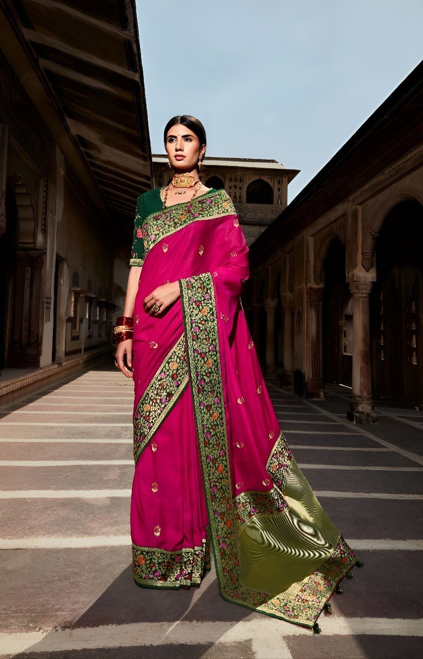 EKKTARA Saree For Women Hot Pink Colour Designer Paithani Saree With Unstitched Designer Blouse
