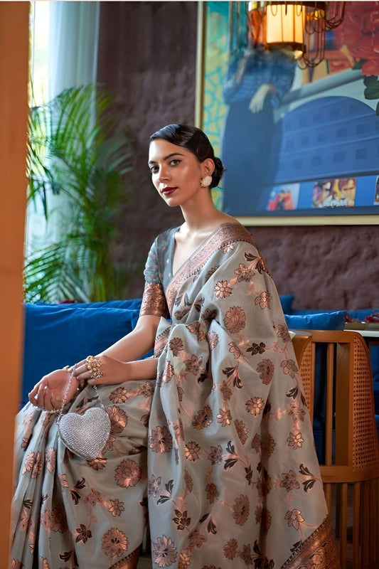 EKKTARA Saree For Women Ash Colour Shimmer Organza Zari Weaving Saree With Unstitched Blouse