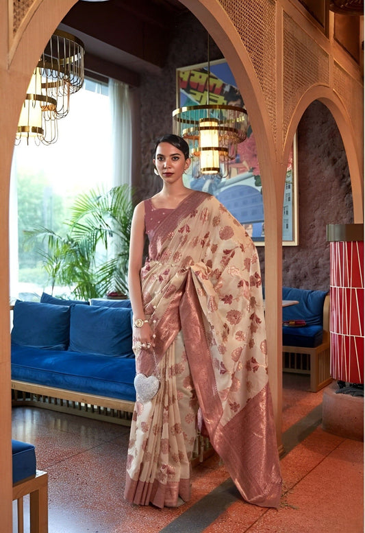 EKKTARA Saree For Women Sand Colour Shimmer Organza Zari Weaving Saree With Unstitched Blouse
