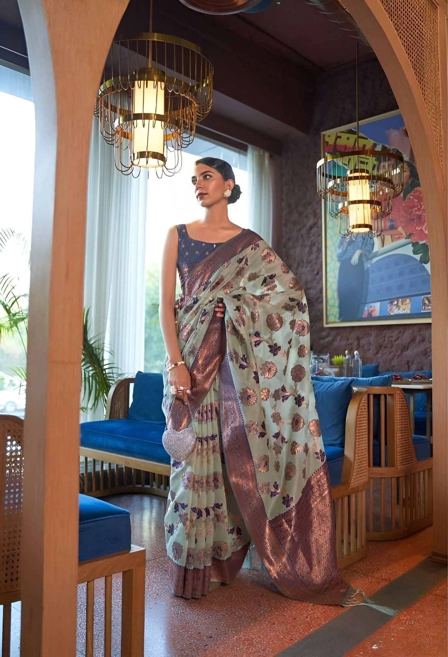 EKKTARA Saree For Women Light Blue Colour Shimmer Organza Zari Weaving Saree With Unstitched Blouse