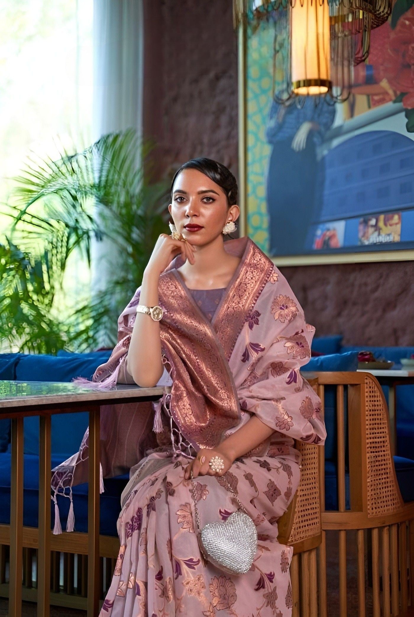 EKKTARA Saree For Women Rose Pink Colour Shimmer Organza Zari Weaving Saree With Unstitched Blouse