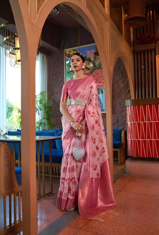 EKKTARA Saree For Women Pink Colour Shimmer Organza Zari Weaving Saree With Unstitched Blouse