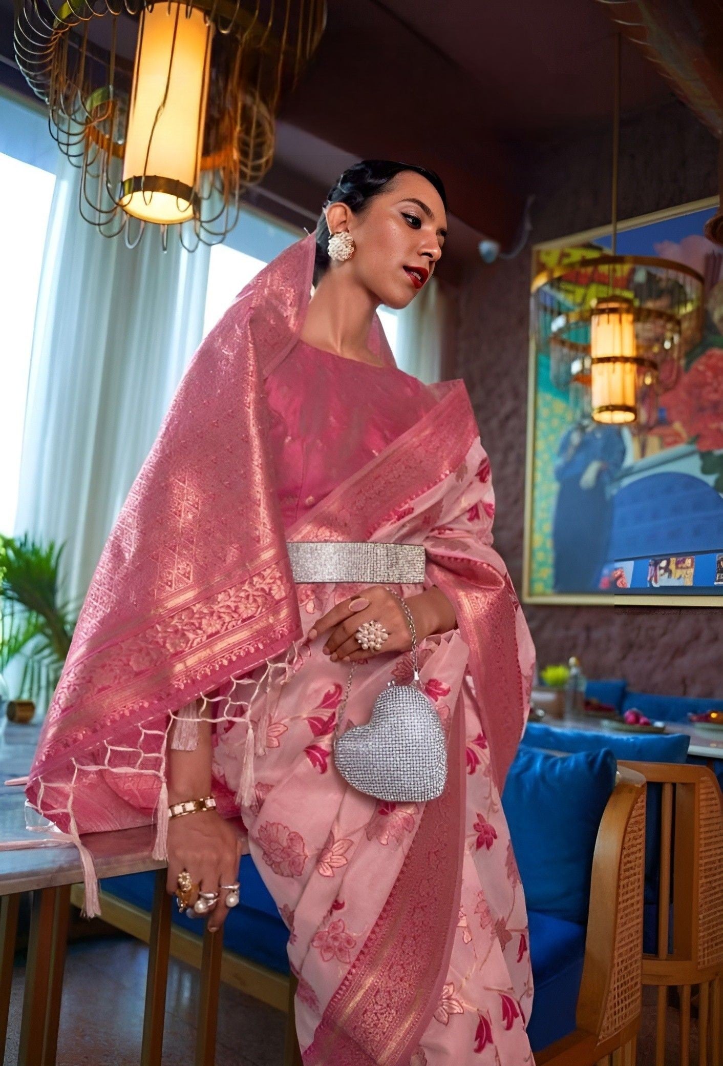 EKKTARA Saree For Women Pink Colour Shimmer Organza Zari Weaving Saree With Unstitched Blouse