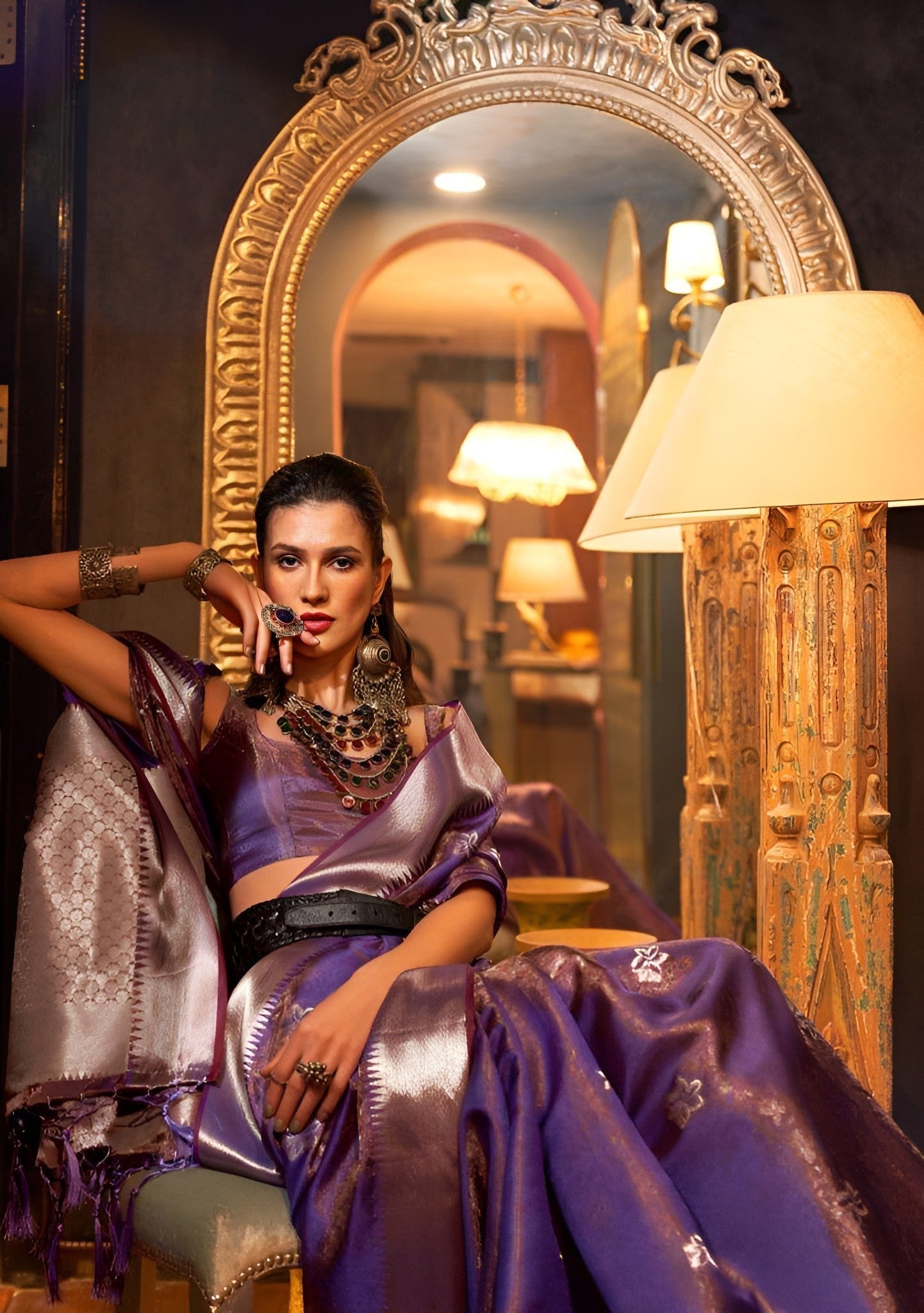 EKKTARA Saree For Women Purple Colour Two Organza Handloom Weaving Saree With Unstitched Blouse