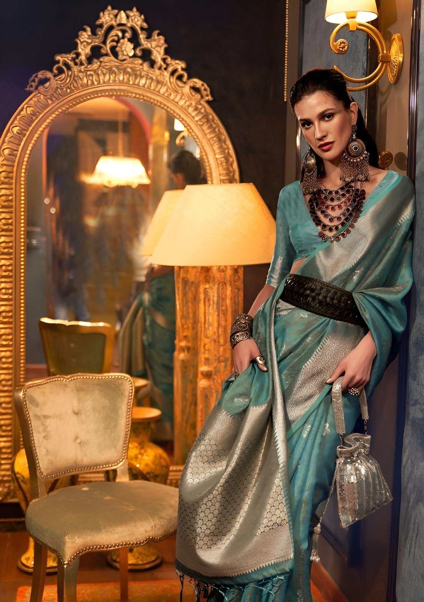 EKKTARA Saree For Women Turquoise Colour Two Organza Handloom Weaving Saree With Unstitched Blouse