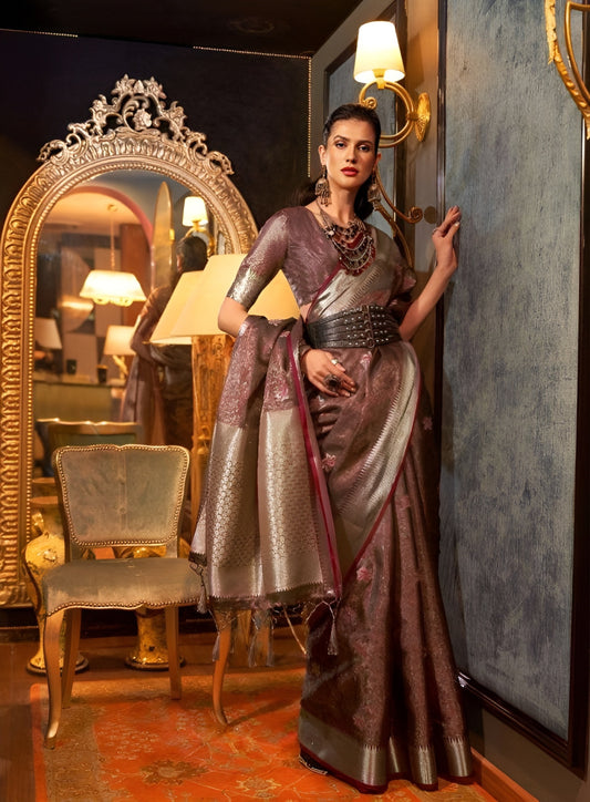 EKKTARA Saree For Women Brown Colour Two Organza Handloom Weaving Saree With Unstitched Blouse