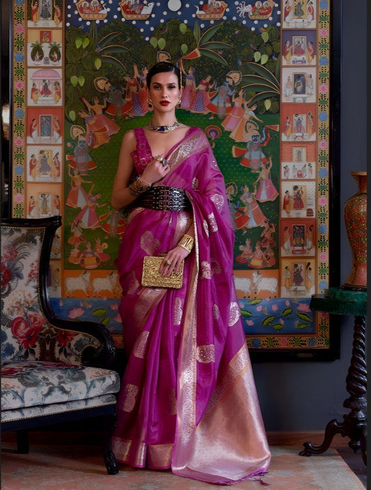 EKKTARA Saree For Women Purple Colour Dual Tone Organza Handloom Weaving Saree With Unstitched Blouse