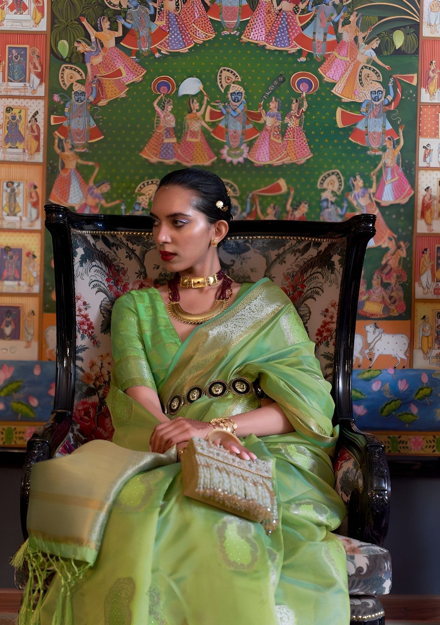 EKKTARA Saree For Women Lime Colour Dual Tone Organza Handloom Weaving Saree With Unstitched Blouse