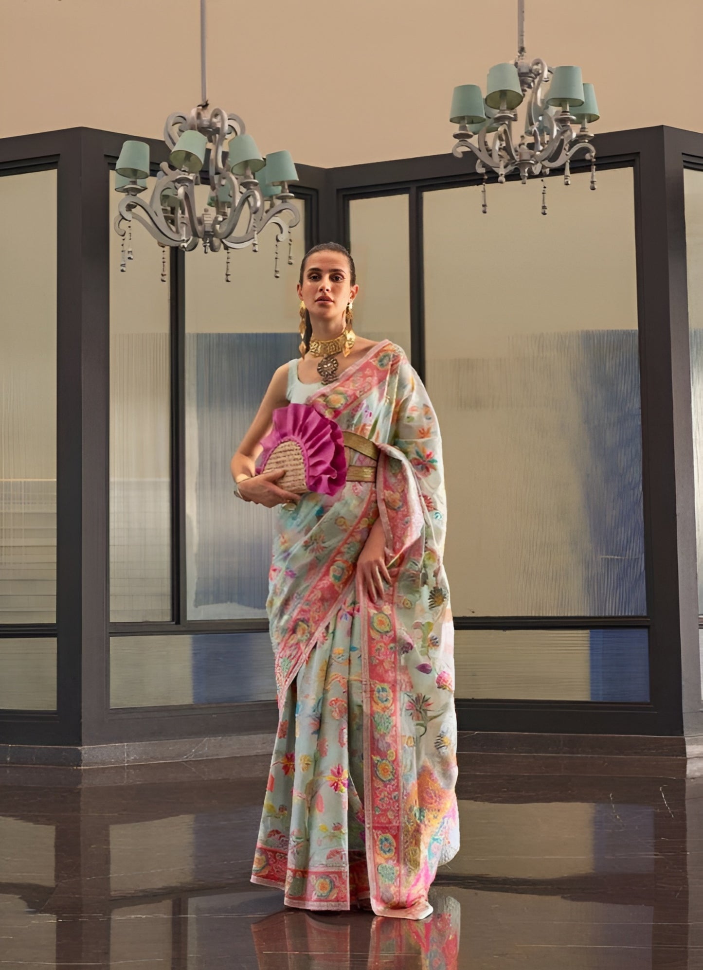 EKKTARA Saree For Women Sky Blue Colour Kashmiri Handloom Weaving Silk Saree With Unstitched Blouse