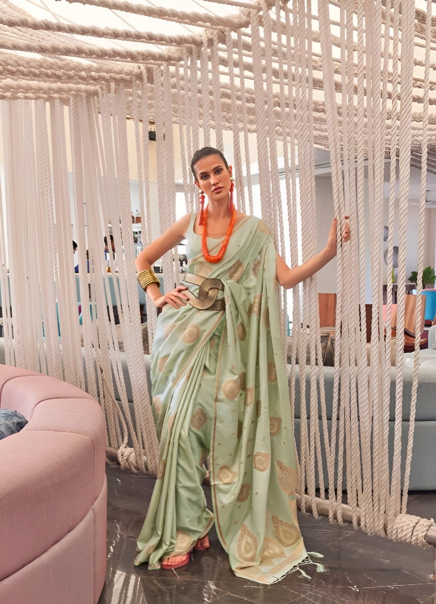 EKKTARA Saree For Women Light Pista Colour Pure Satin Copper Zari Weaving Silk Saree With Unstitched Blouse