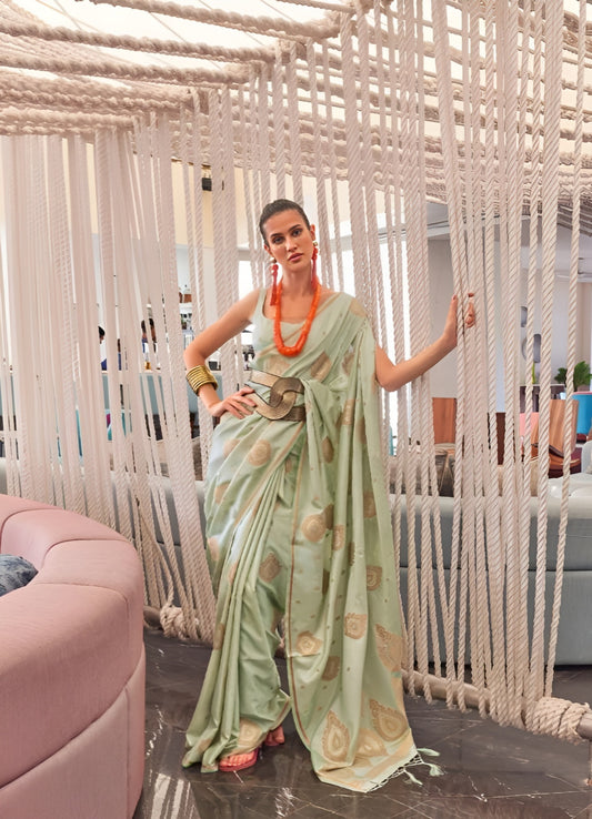 EKKTARA Saree For Women Light Pista Colour Pure Satin Copper Zari Weaving Silk Saree With Unstitched Blouse