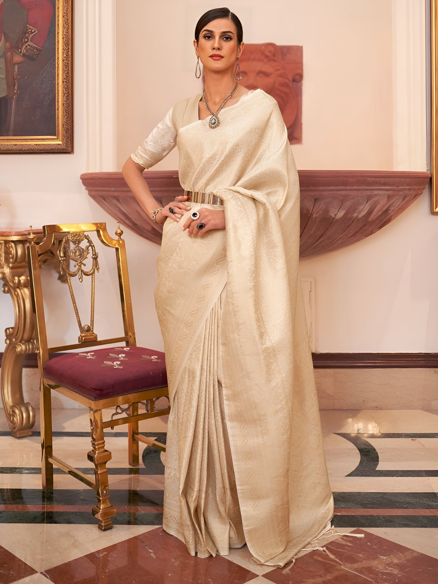 EKKTARA Saree For Women Golden Colour Designer Handloom Weaving Silk Saree With Unstitched Blouse