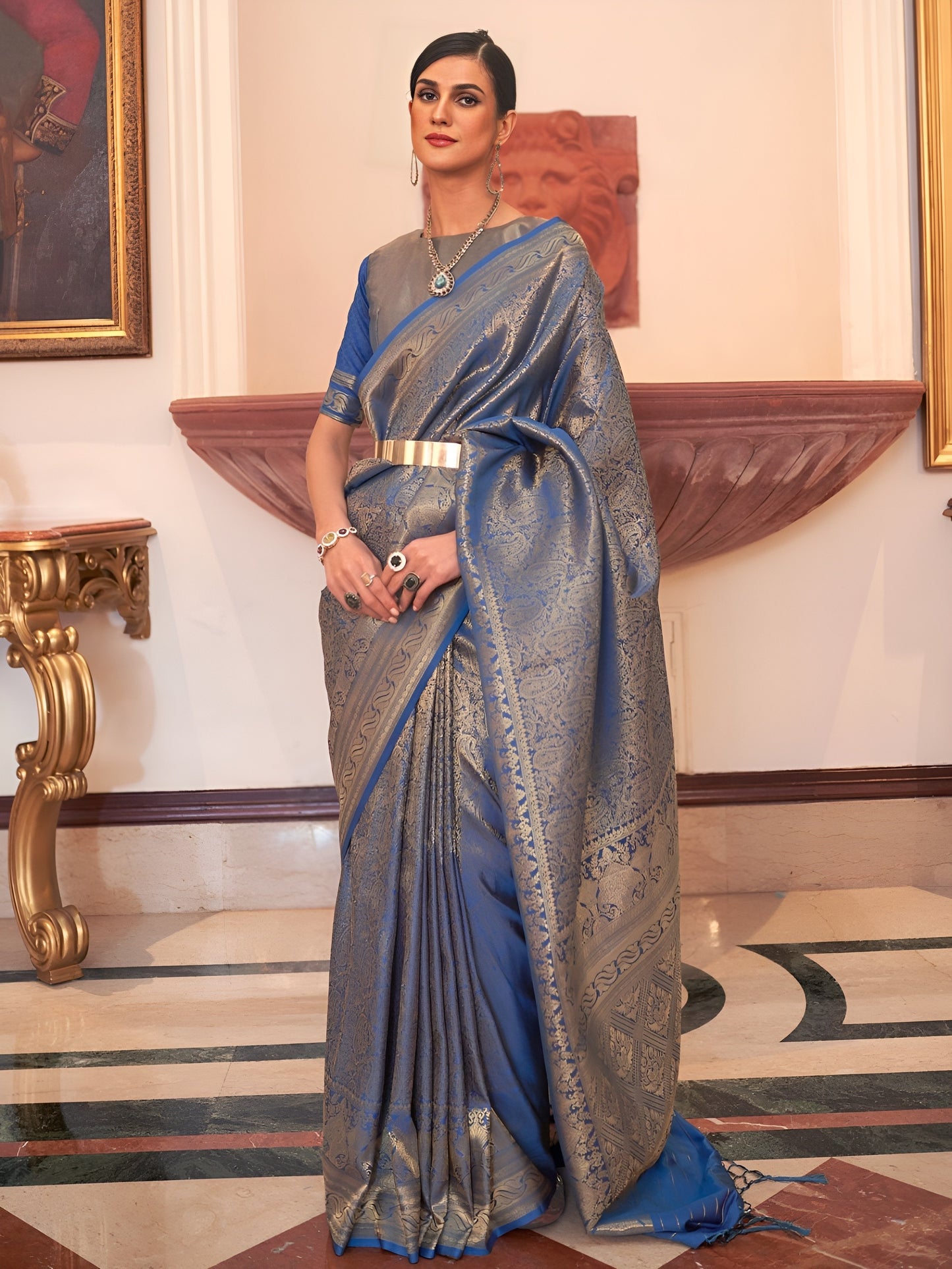 EKKTARA Saree For Women Royal Blue Colour Designer Handloom Weaving Silk Saree With Unstitched Blouse