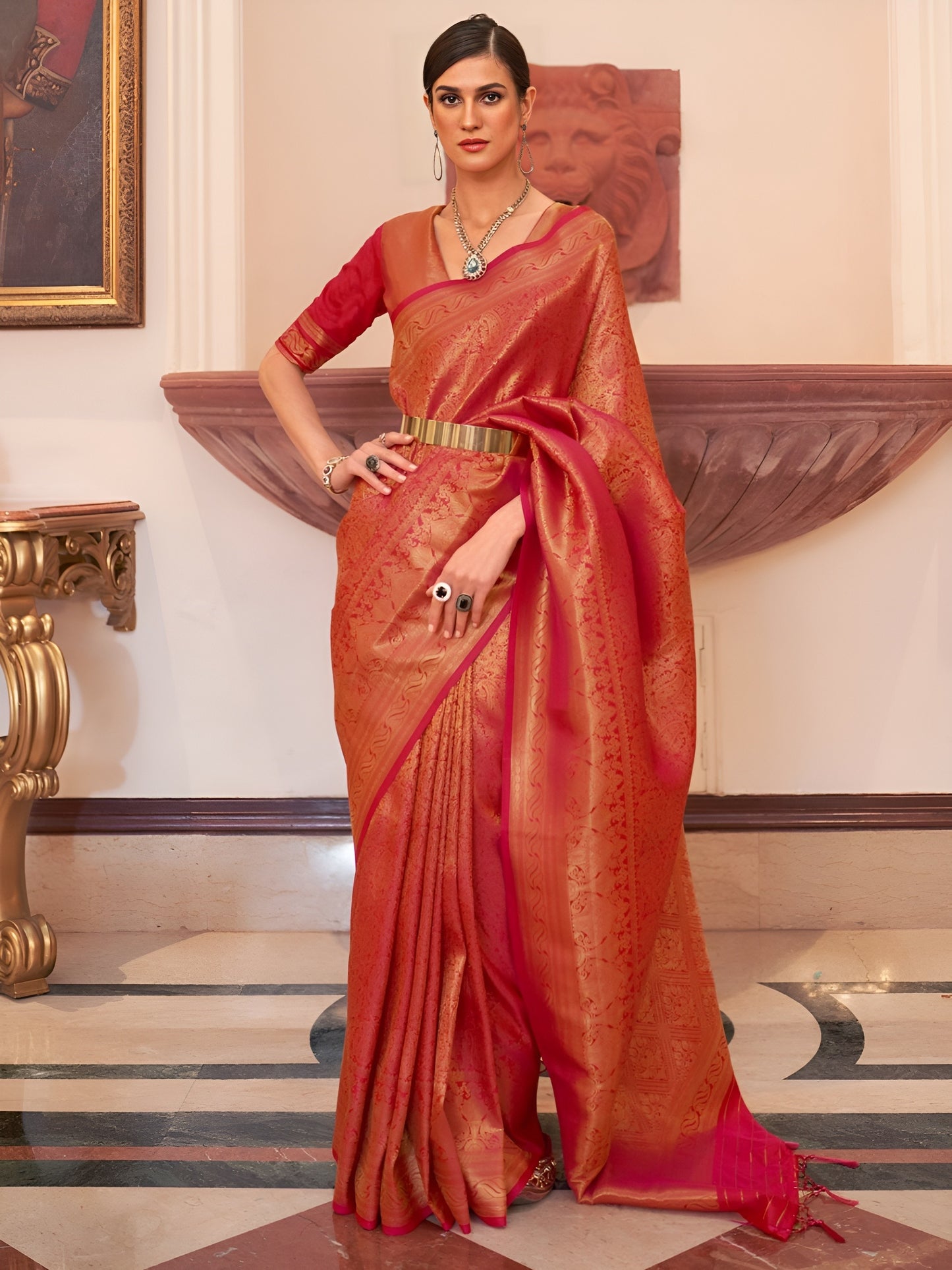 EKKTARA Saree For Women Red Colour Designer Handloom Weaving Silk Saree With Unstitched Blouse