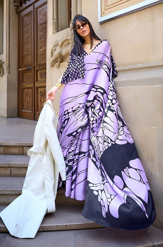 EKKTARA Saree For Women Lavender Colour Printed Satin Saree With Unstitched Blouse