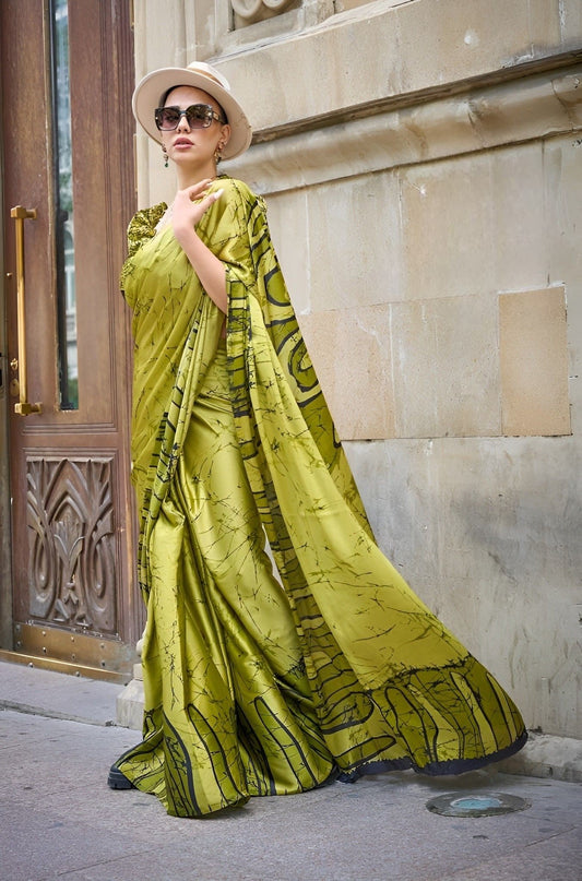 EKKTARA Saree For Women Olive Colour Printed Satin Saree With Unstitched Blouse