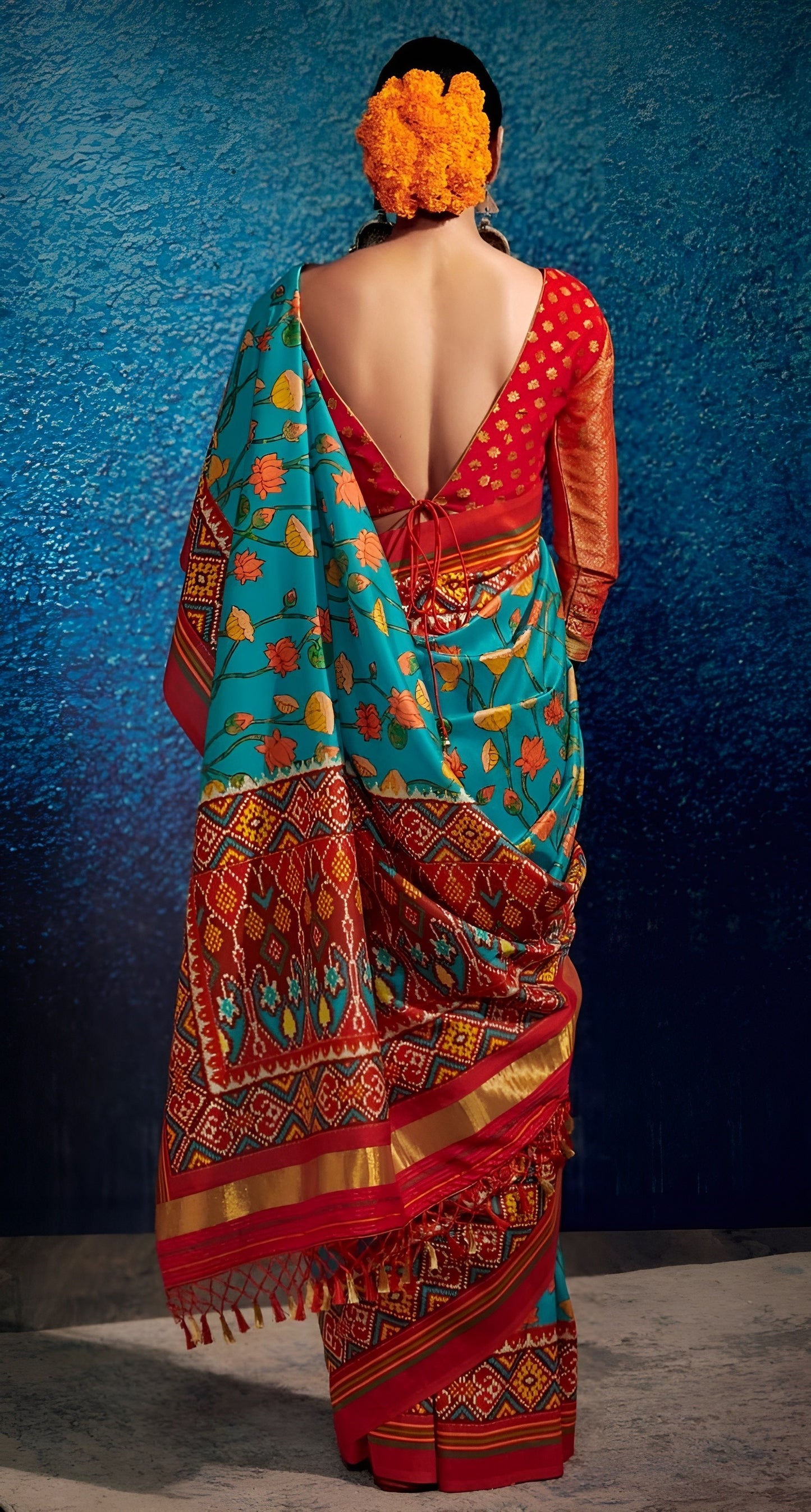 EKKTARA Saree For Women Turquoise Colour Tusser Silk Kalamkari Print Saree With Unstitched Blouse