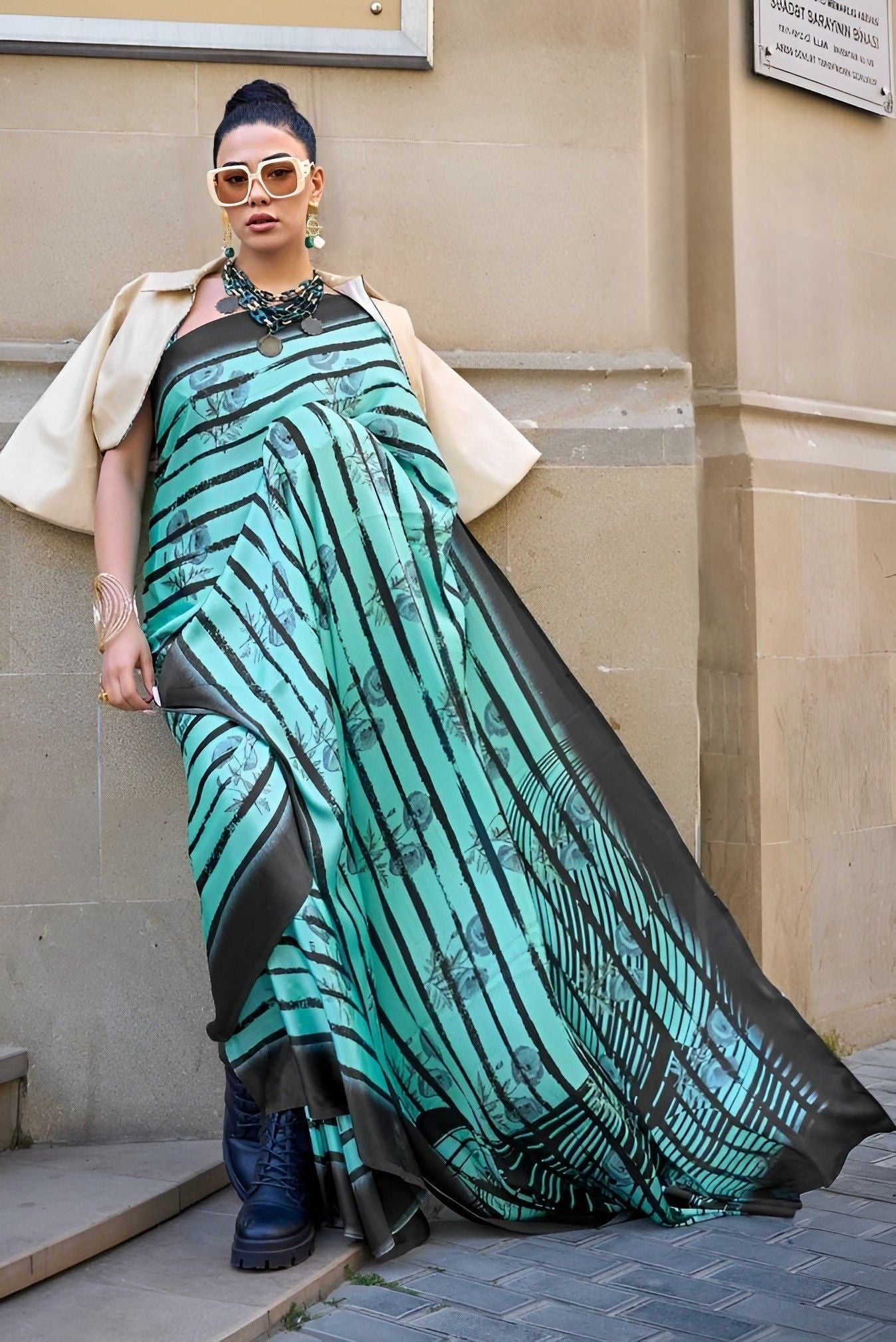 EKKTARA Saree For Women Green Colour Printed Satin Saree With Unstitched Blouse