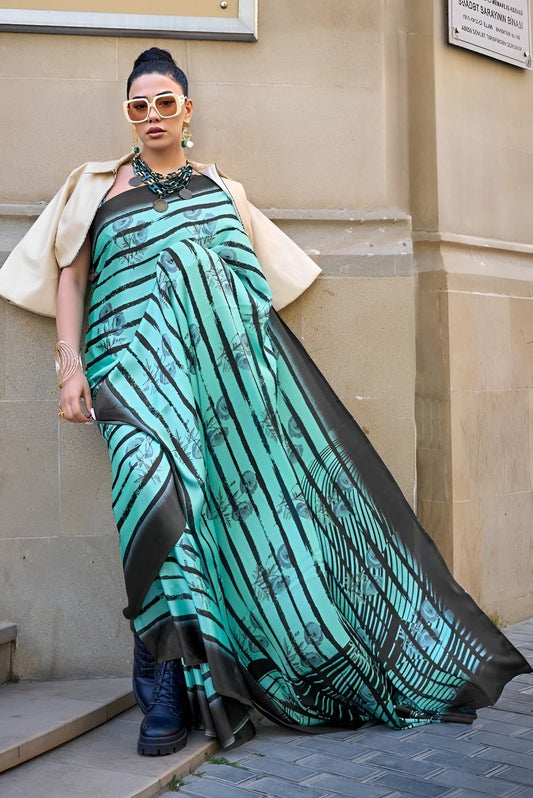 EKKTARA Saree For Women Green Colour Printed Satin Saree With Unstitched Blouse