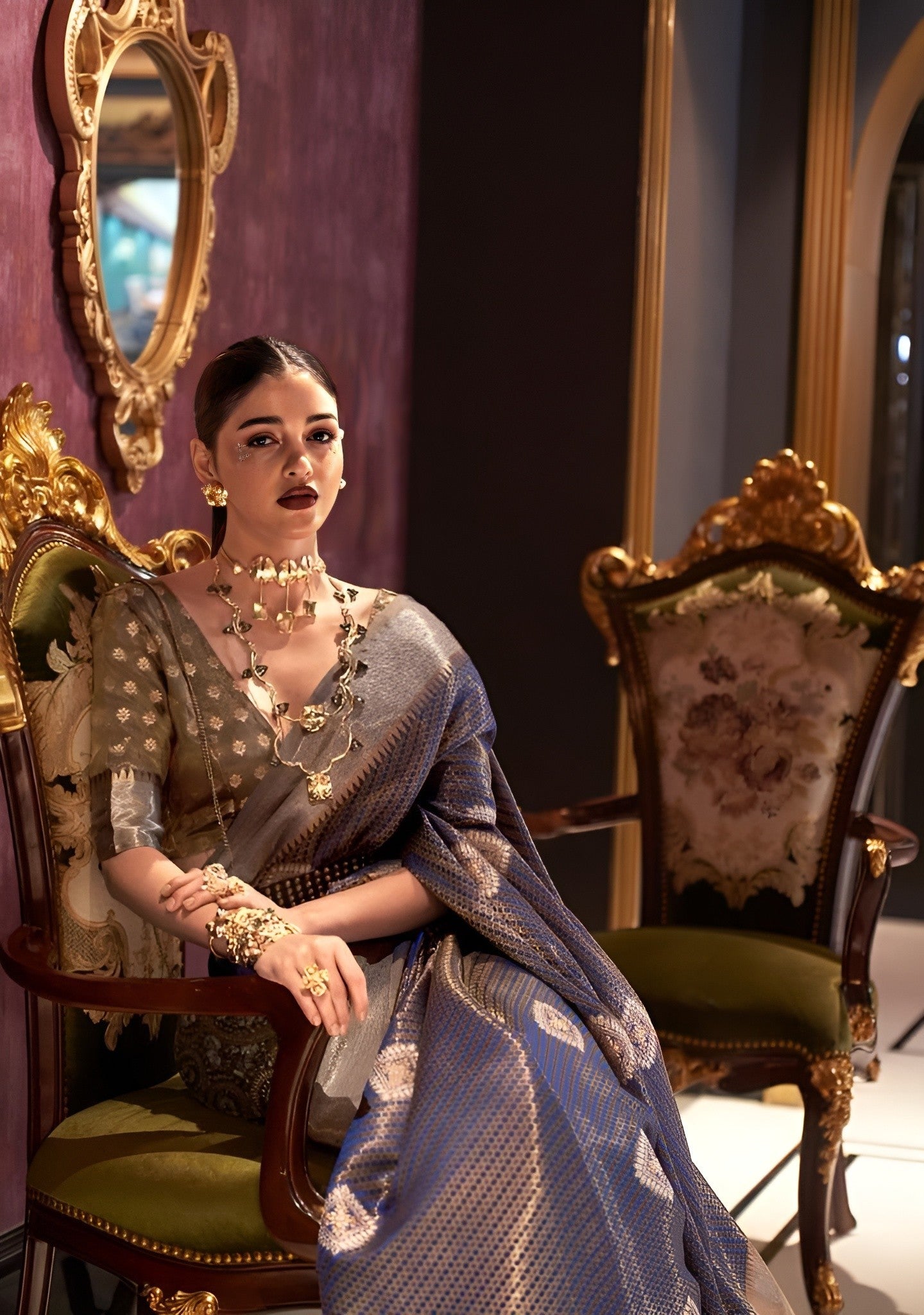 EKKTARA Saree For Women Blue Colour Zari Banarasi Handloom Weaving Silk Saree With Unstitched Blouse