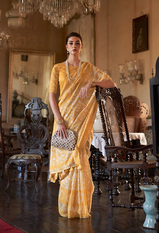 EKKTARA Saree For Women Yellow Colour Soft Linen Cotton Saree With Unstitched Blouse