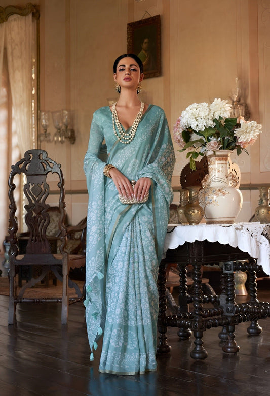 EKKTARA Saree For Women Turquoise Colour Soft Linen Cotton Saree With Unstitched Blouse