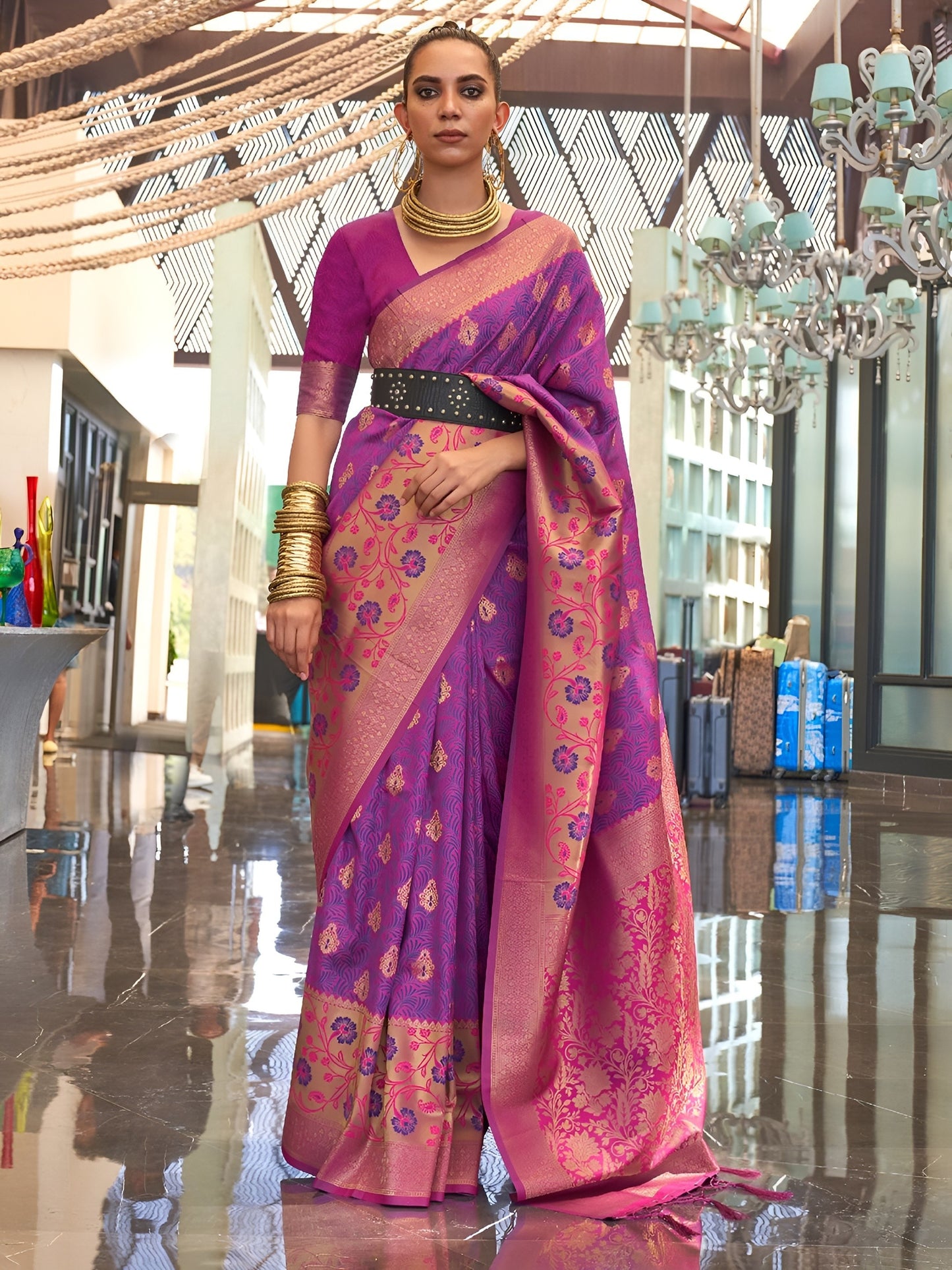 EKKTARA Saree For Women Purple Colour Silk Handloom Weaving Designer Saree With Unstitched Blouse