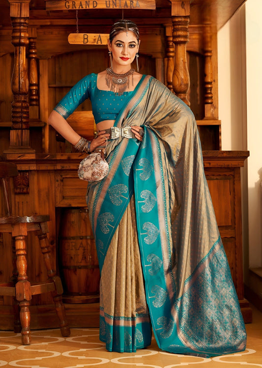 EKKTARA Saree For Women Golden Colour Banarasi Silk Saree With Unstitched Blouse