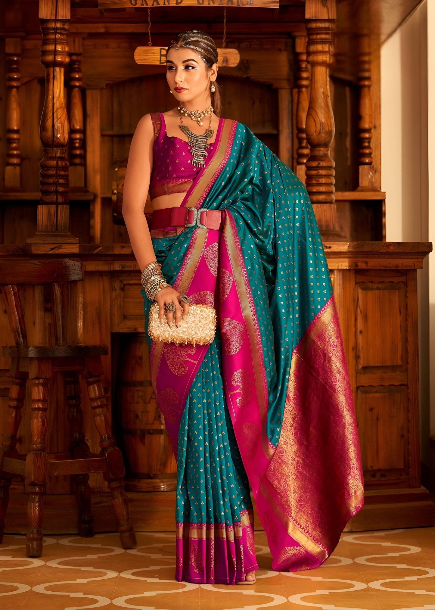 EKKTARA Saree For Women Turquoise Colour Banarasi Silk Saree With Unstitched Blouse