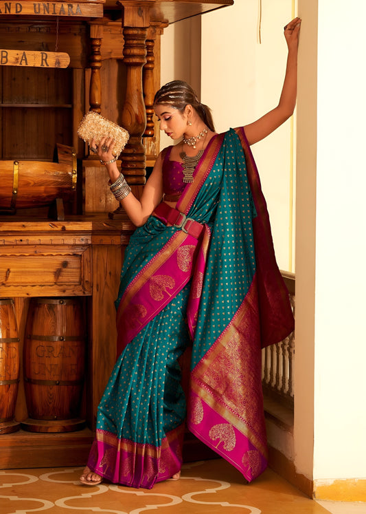 EKKTARA Saree For Women Turquoise Colour Banarasi Silk Saree With Unstitched Blouse
