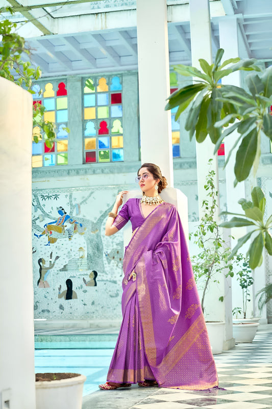 EKKTARA Saree For Women Orchid Colour Kanjivaram Silk Saree With Unstitched Blouse