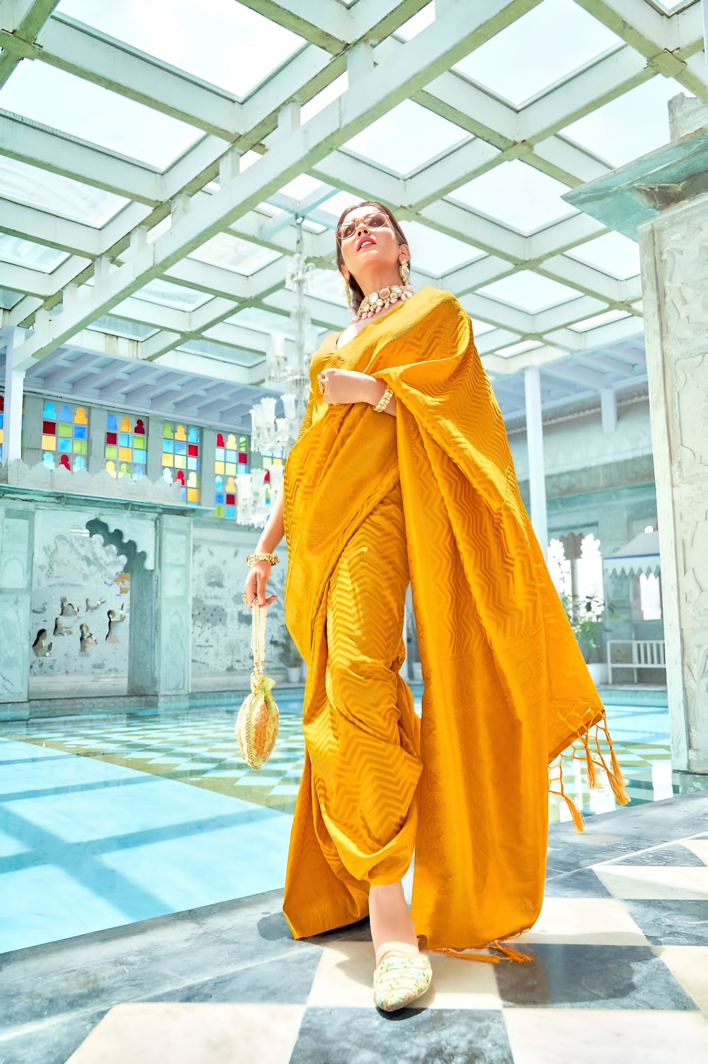 EKKTARA Saree For Women Yellow Colour Kanjivaram Silk Saree With Unstitched Blouse