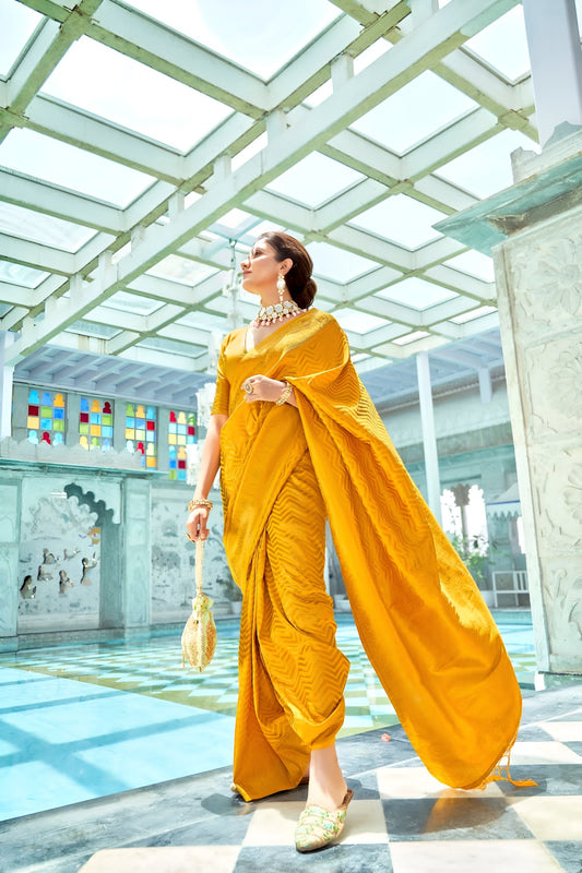 EKKTARA Saree For Women Yellow Colour Kanjivaram Silk Saree With Unstitched Blouse