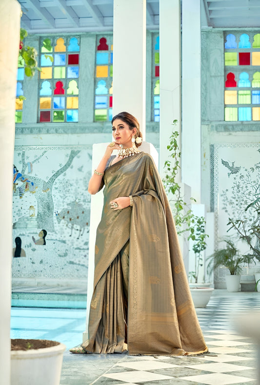 EKKTARA Saree For Women Golden Colour Kanjivaram Silk Saree With Unstitched Blouse