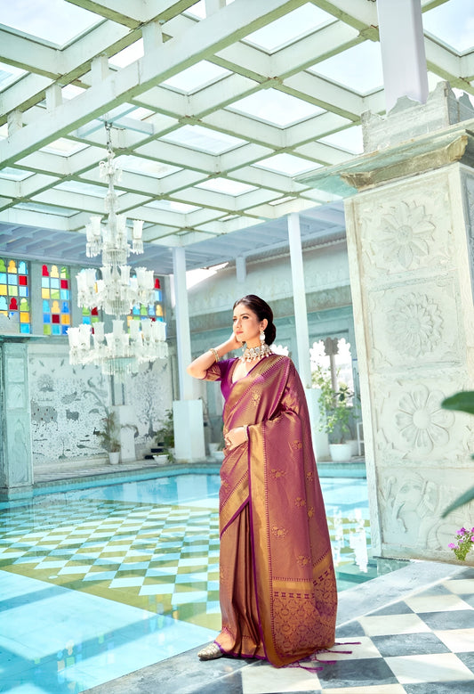 EKKTARA Saree For Women Magenta Colour Kanjivaram Silk Saree With Unstitched Blouse