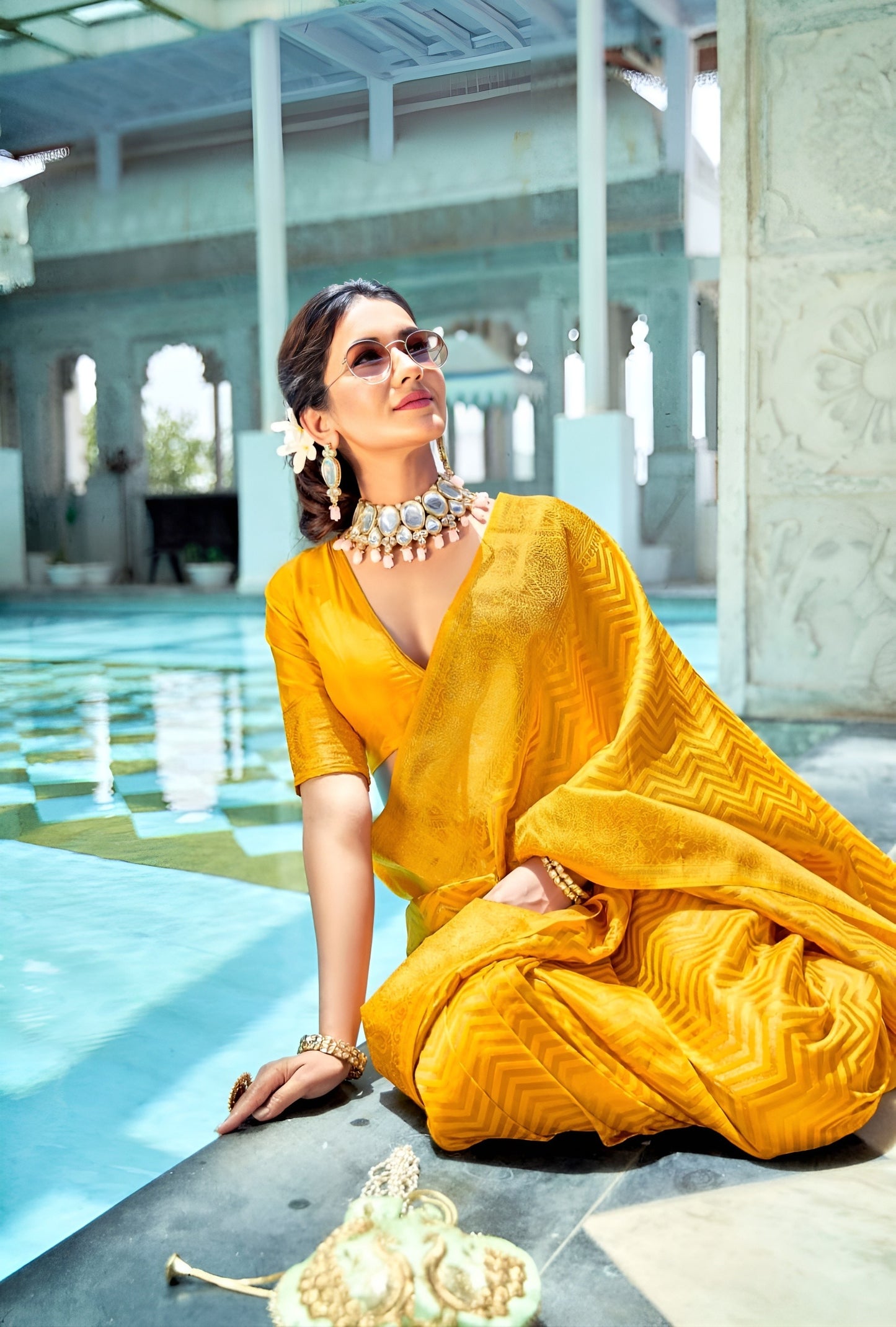 EKKTARA Saree For Women Yellow Colour Kanjivaram Silk Saree With Unstitched Blouse