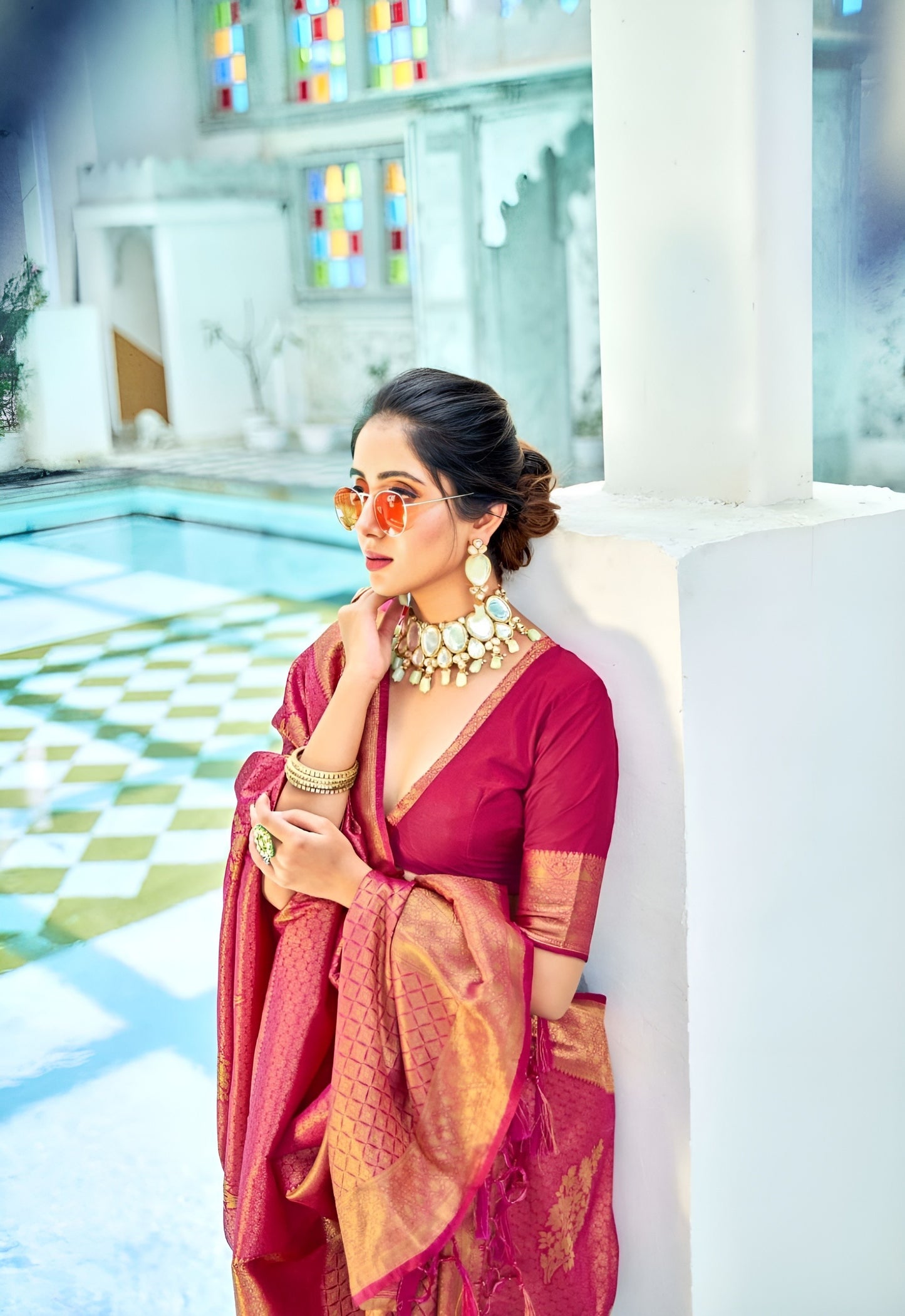 EKKTARA Saree For Women Maroon Colour Kanjivaram Silk Saree With Unstitched Blouse