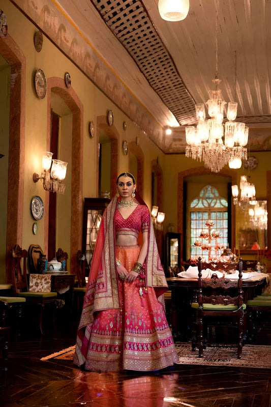 EKKTARA Stitched Designer Orange And Red Shade Lehenga Choli Set