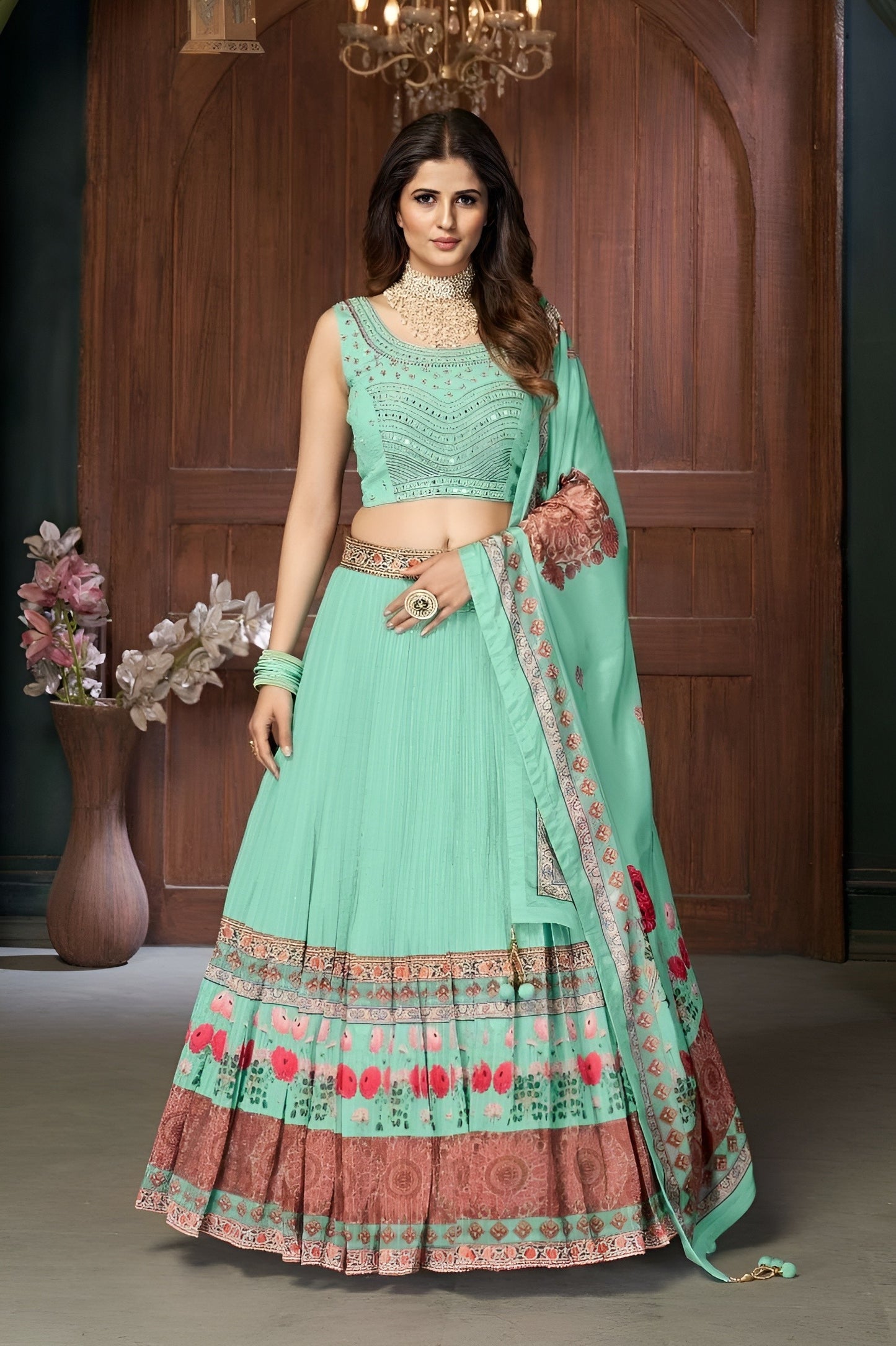 EKKTARA Stitched Sea Green Colour Lehenga Choli Set