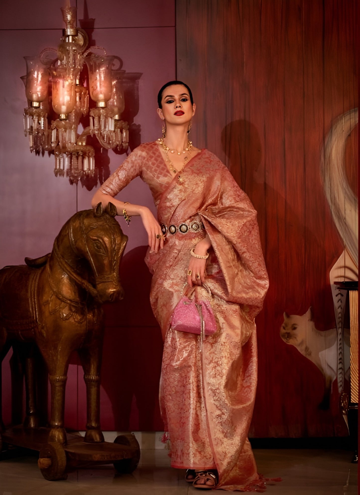 EKKTARA Saree For Women Copper Colour Zari Base Handloom Weaving Silk Saree With Unstitched Blouse