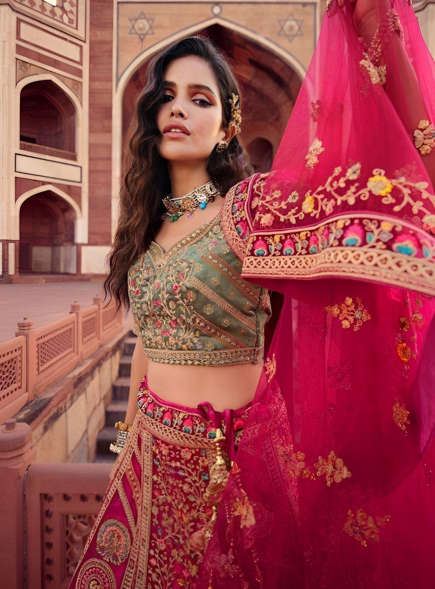 EKKTARA Semi Stitched Designer Pink Multicolour Colour Lehenga Choli Set