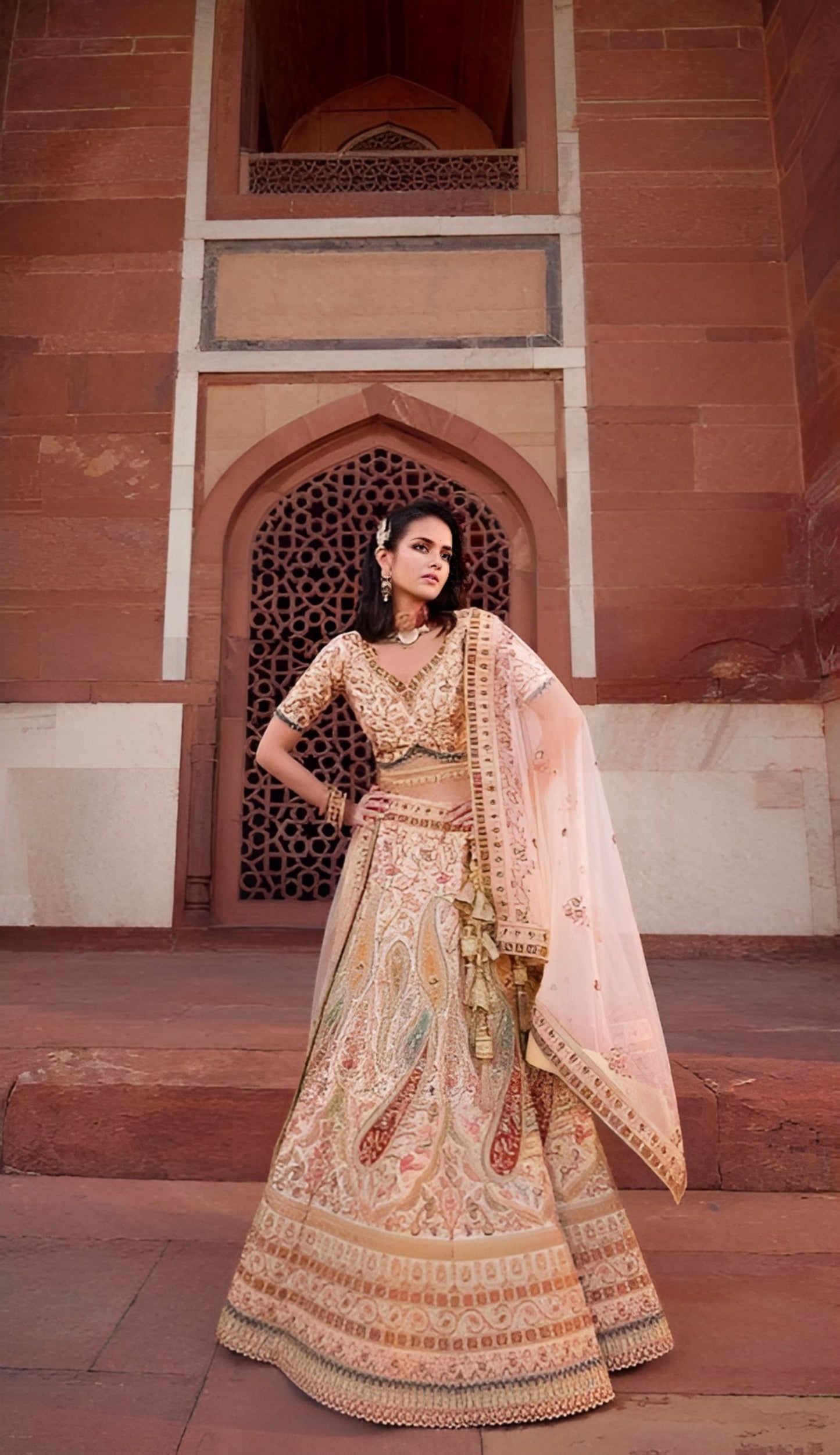 EKKTARA Semi Stitched Designer Beige Multicolour Colour Lehenga Choli Set