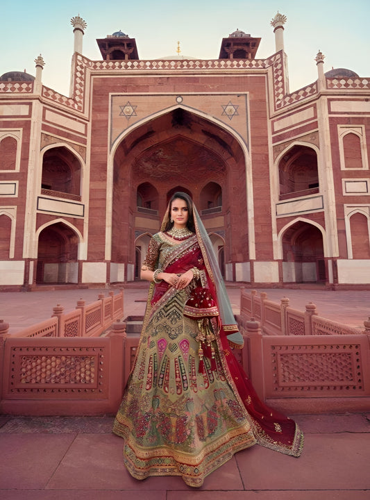 EKKTARA Semi Stitched Designer Green Multicolour Colour Lehenga Choli Set