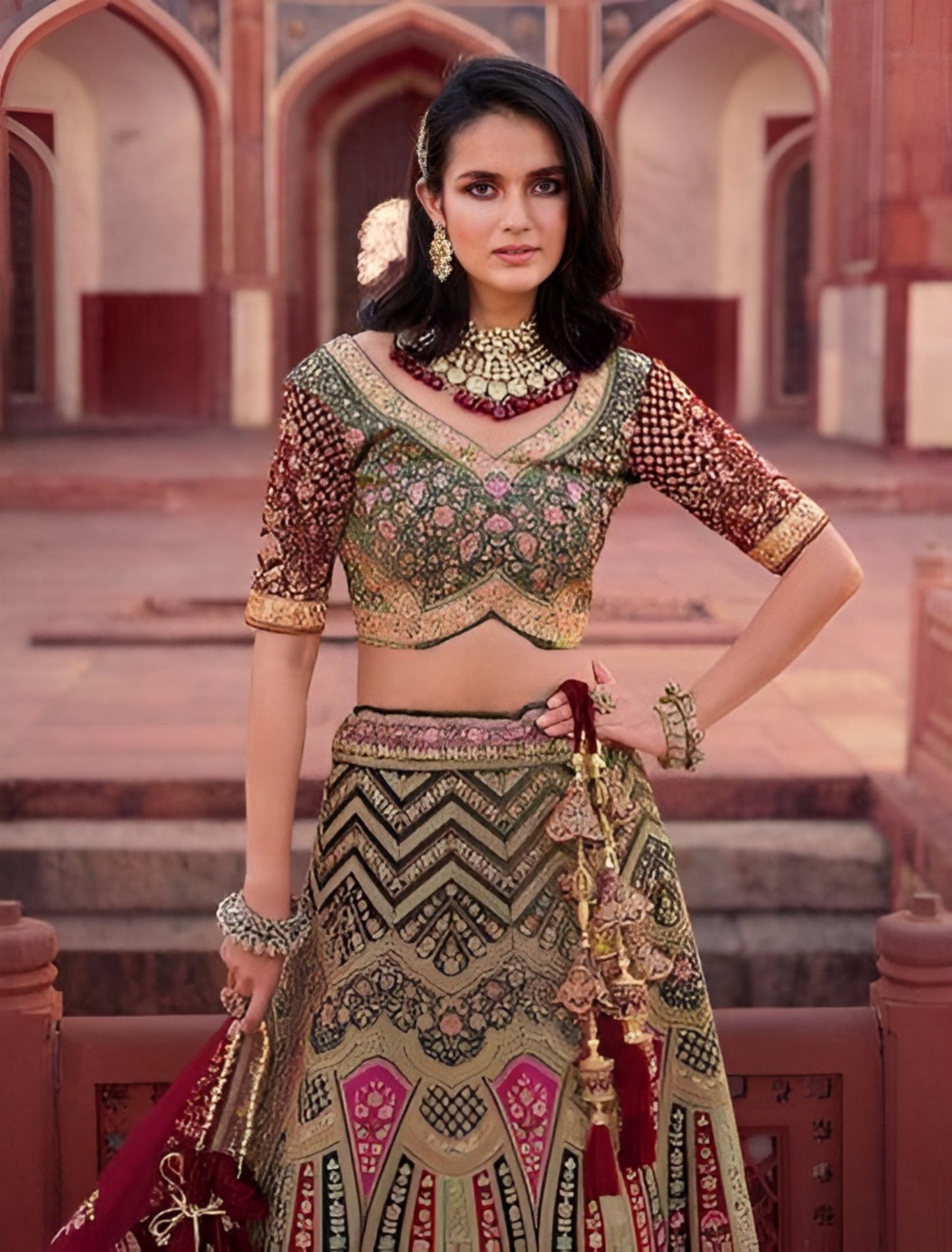 EKKTARA Semi Stitched Designer Green Multicolour Colour Lehenga Choli Set
