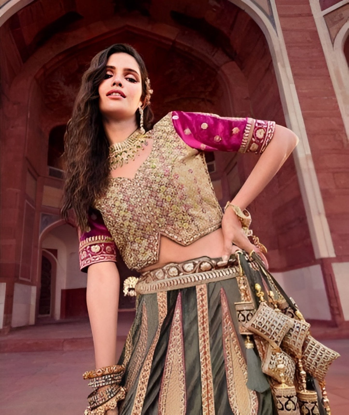 EKKTARA Semi Stitched Designer Cameo Pink Multicolour Colour Lehenga Choli Set