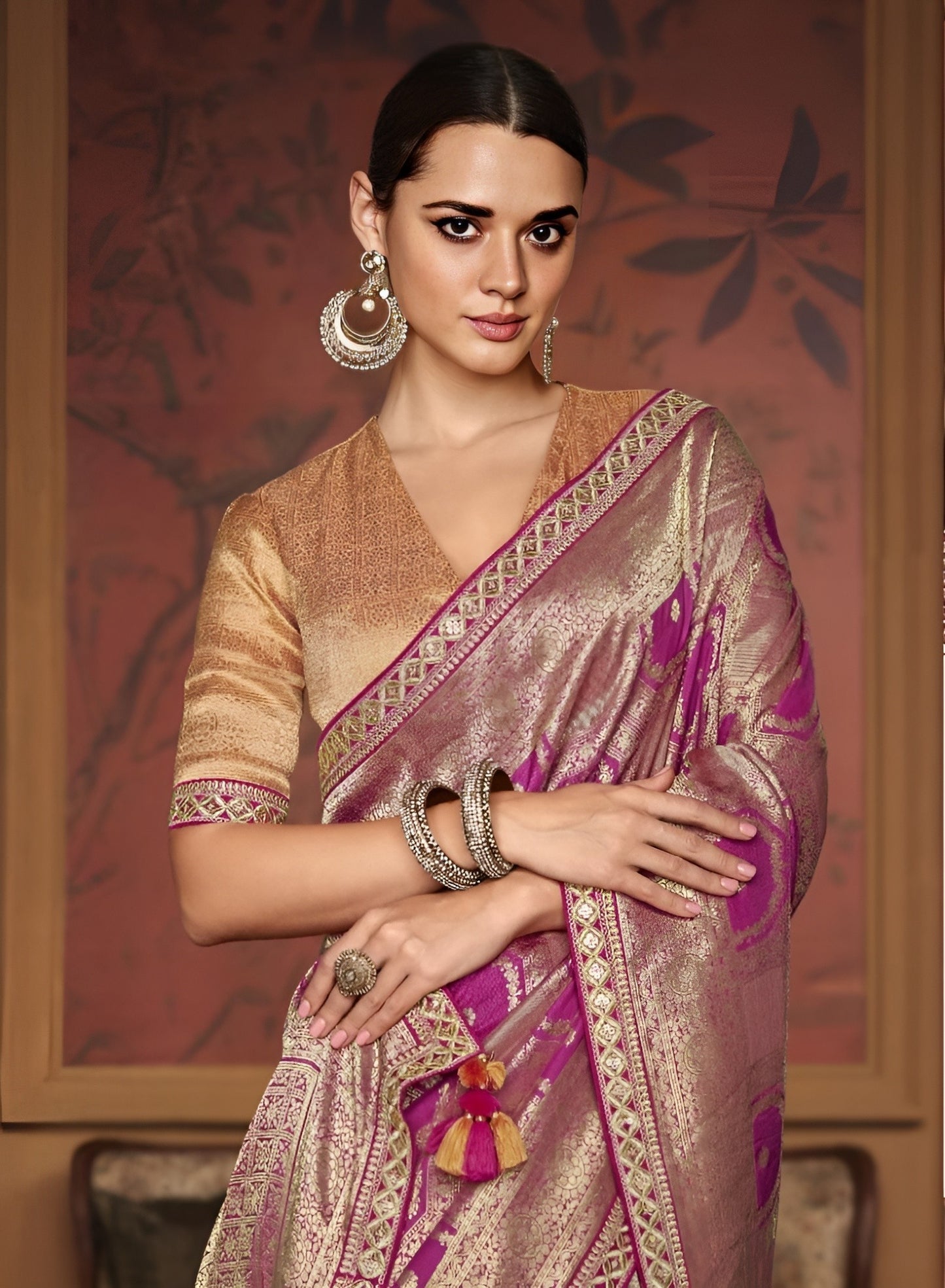 EKKTARA Saree For Women Fuscia Pink Colour Dola Silk Saree With Embroidery Work Unstitched Blouse